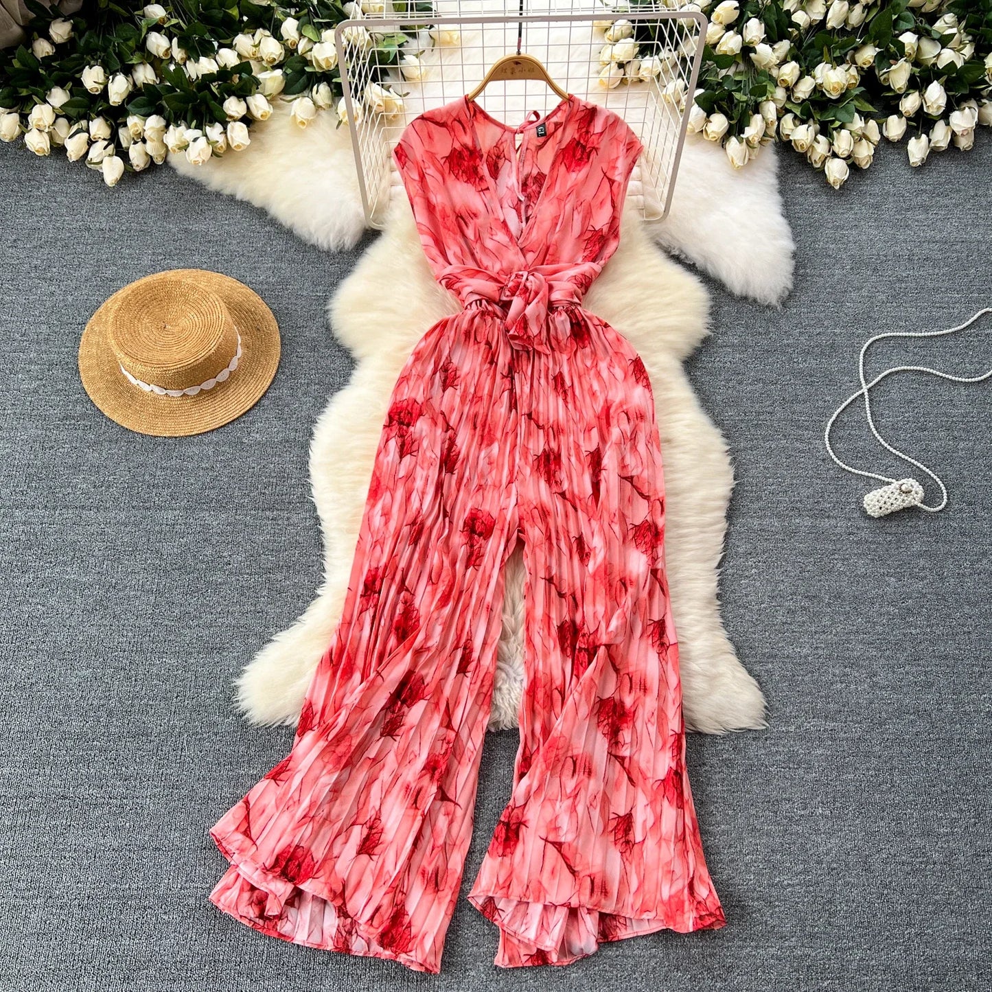 Summer Abstract Print Jumpsuit Wide Leg V Neck Women