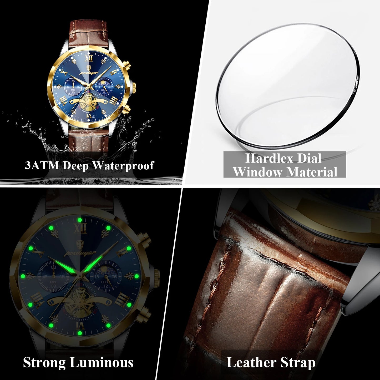 POEDAGAR Men Wristwatch Quartz Waterproof Chronograph