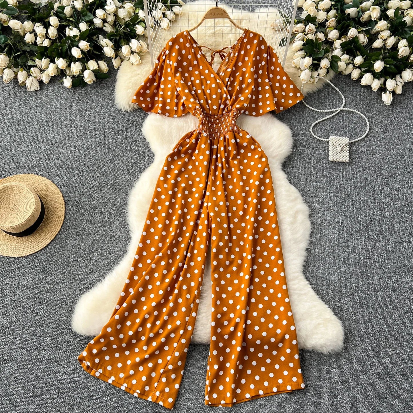 Polka Dot Women Romper V Neck High Waist Wide Leg Jumpsuit