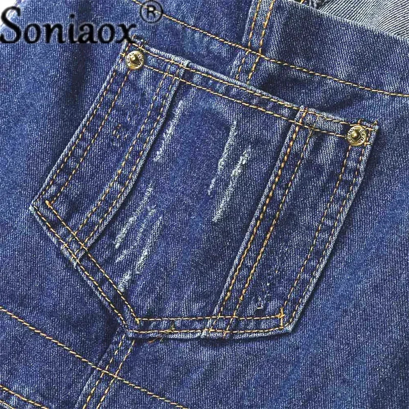 بدلات جينز غير رسمية للنساء مع حمالات جيوب ممزقة