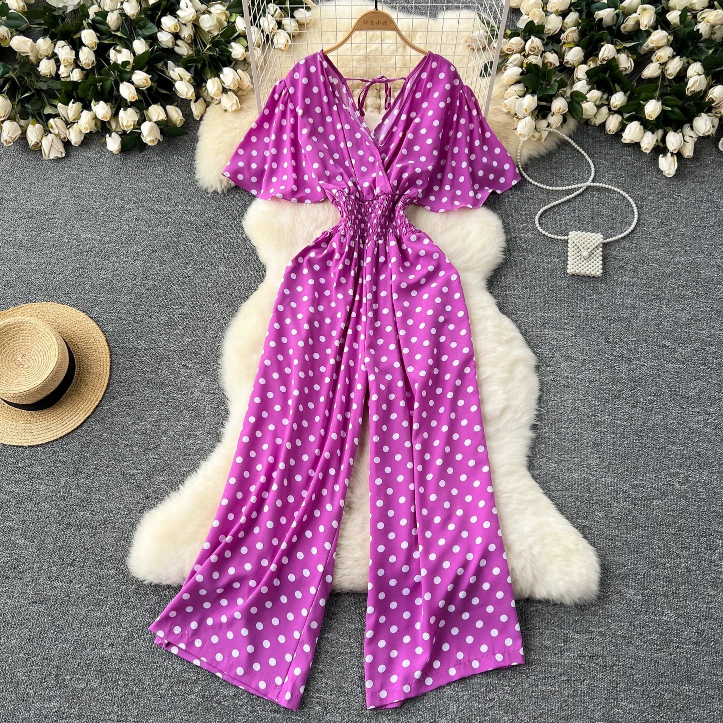 Polka Dot Women Romper V Neck High Waist Wide Leg Jumpsuit