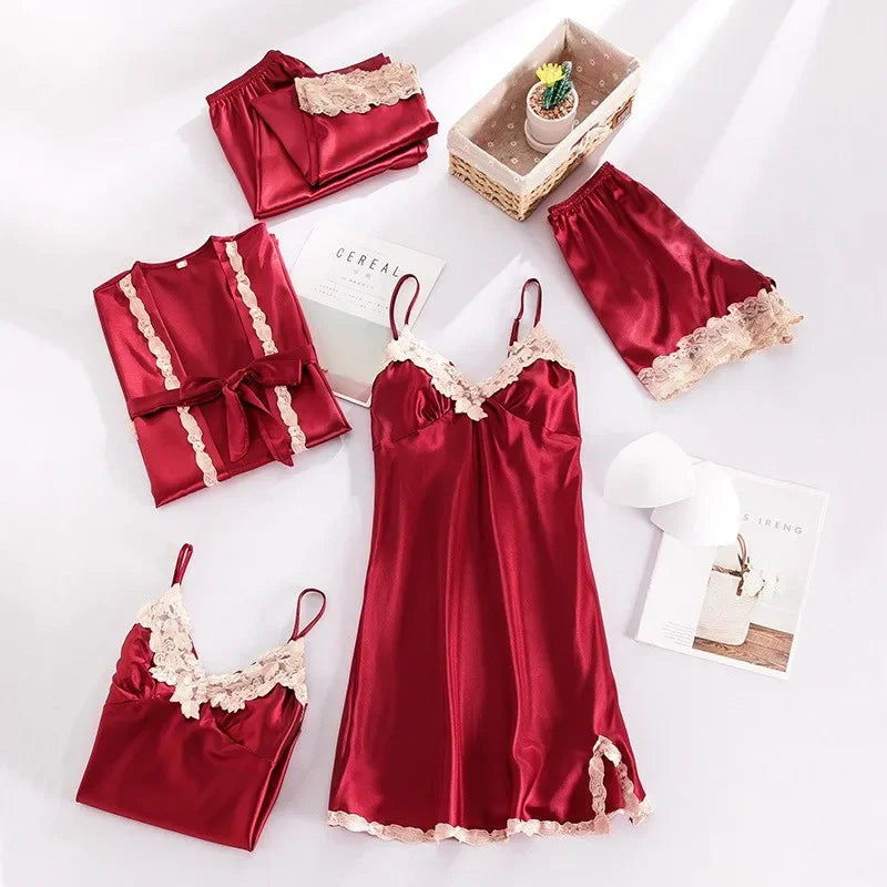Five Piece Lace Satin Pajamas Set With V Neck For Women