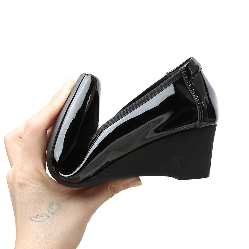 Pointed Toe Patent Leather Heels For Women Wedge Slip On