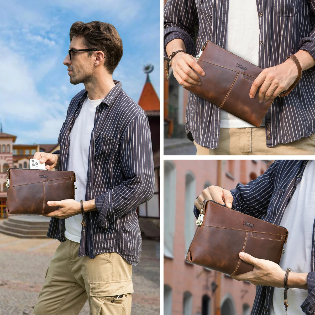 Contacts Genuine Leather Clutch Bag For Men Password Lock