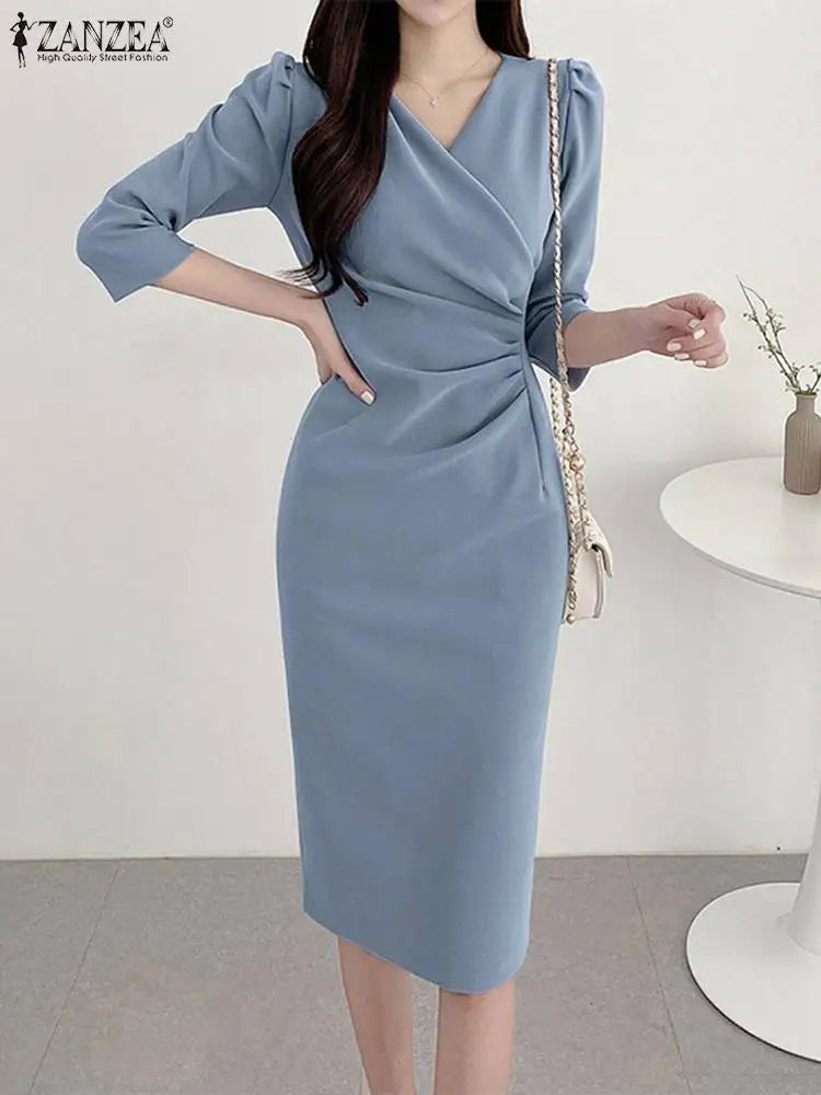 Elegant Knee Length V Neck Dress With Three Quarter Sleeves