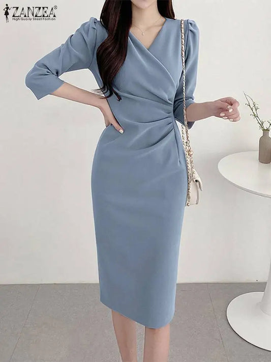 Elegant Knee Length V Neck Dress With Three Quarter Sleeves