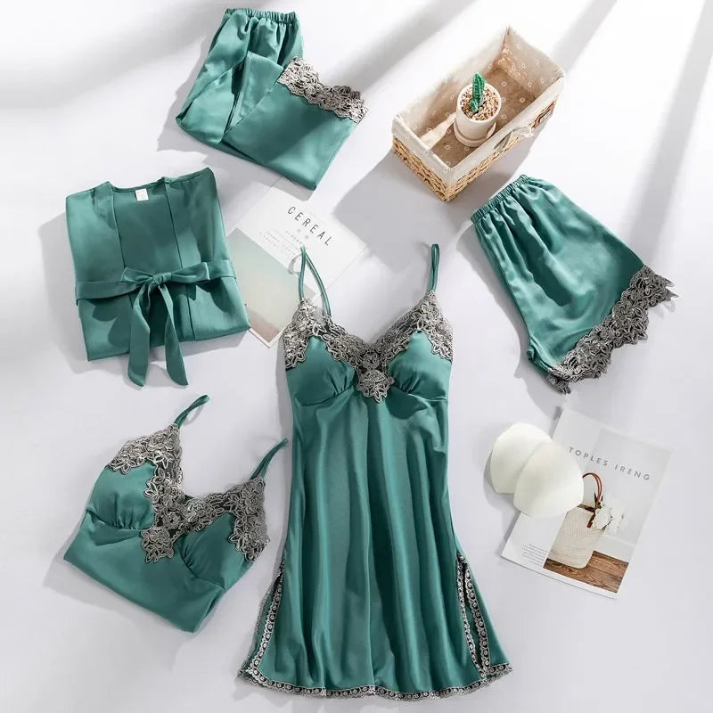 Five Piece Lace Satin Pajamas Set With V Neck For Women