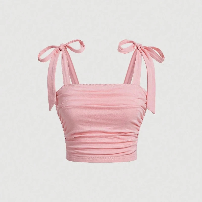 Solid Tie Shoulder Ruched Wide Strap Crop Top Pink Cami