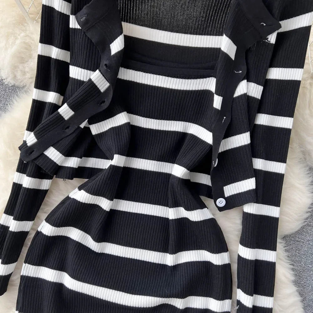 Korean Patchwork Striped Spaghetti Strap Dress Cardigan Set