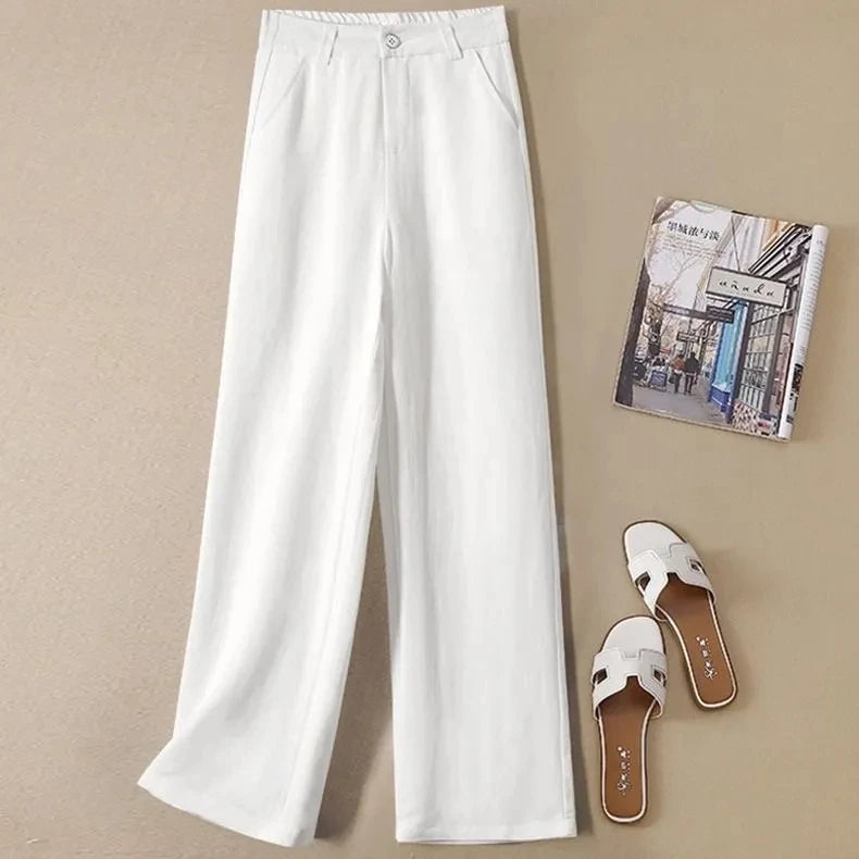 Summer Baggy Cotton Linen Pants Women White Wide Leg