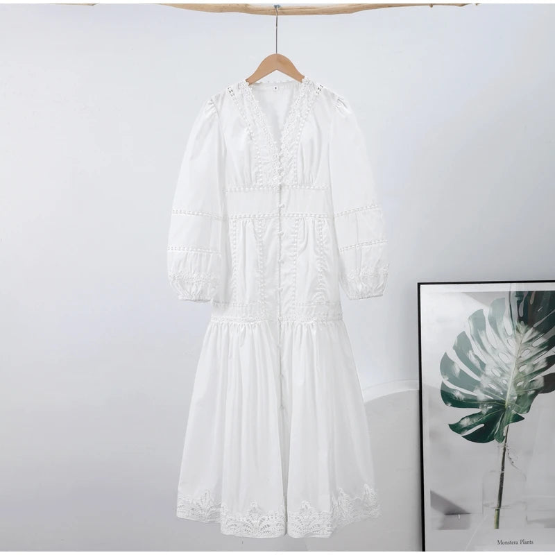 Lace Fitted Dress With V Neck And Puff Sleeves For Spring