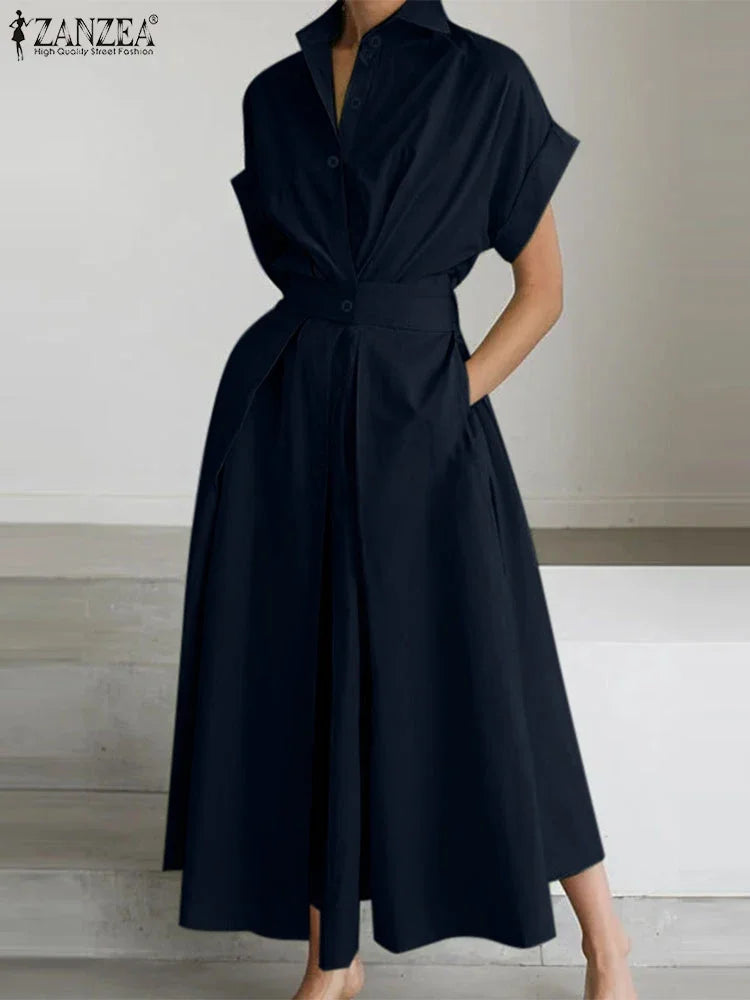Women High Waist Midi Shirt Dress in Polyester Short Sleeve