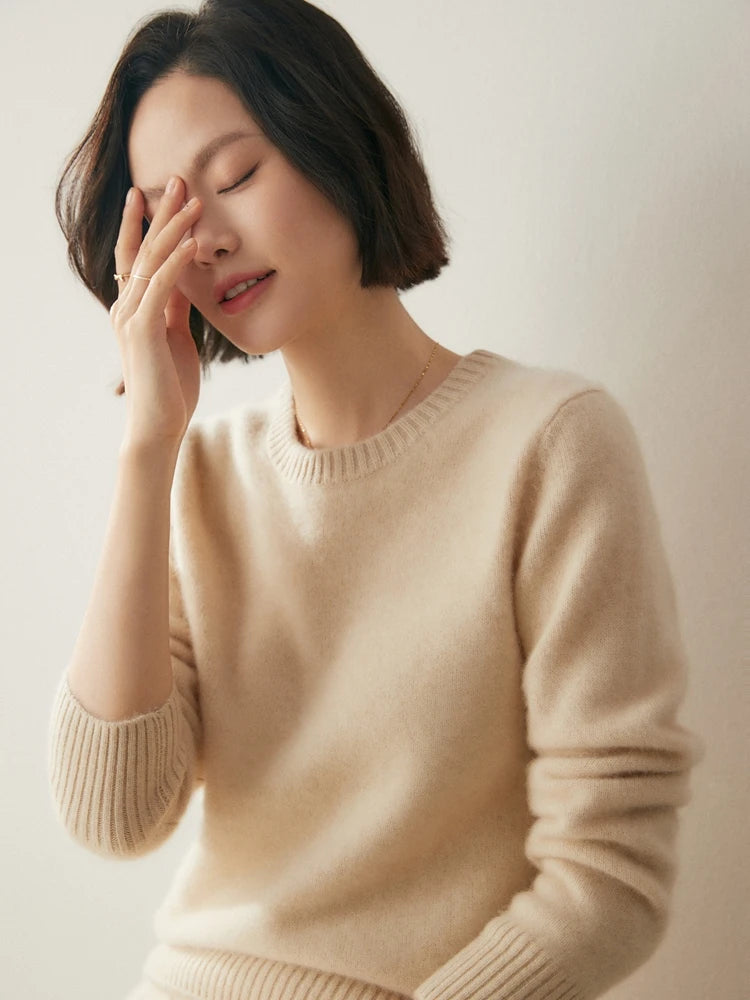 Chic O Neck Cashmere Sweater For Women Solid Color Pullover