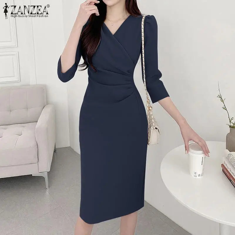 Elegant Knee Length V Neck Dress With Three Quarter Sleeves
