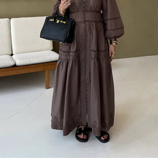 Elegant Lace Dress With V Neck Puff Sleeves For Spring