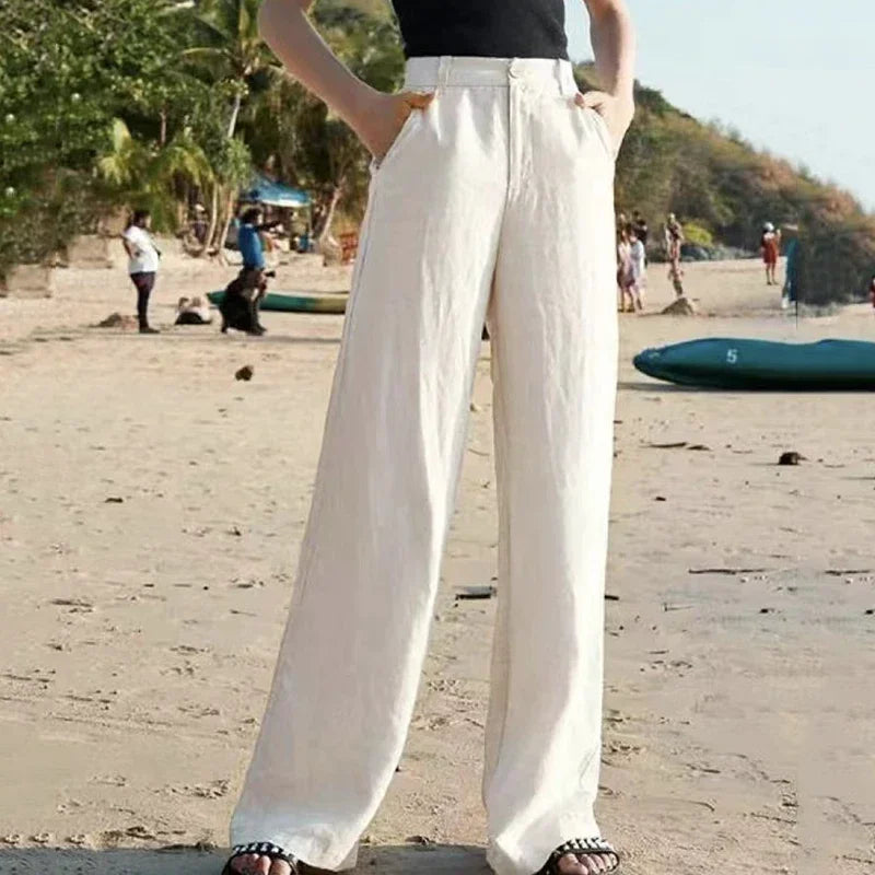 Summer Baggy Cotton Linen Pants Women White Wide Leg