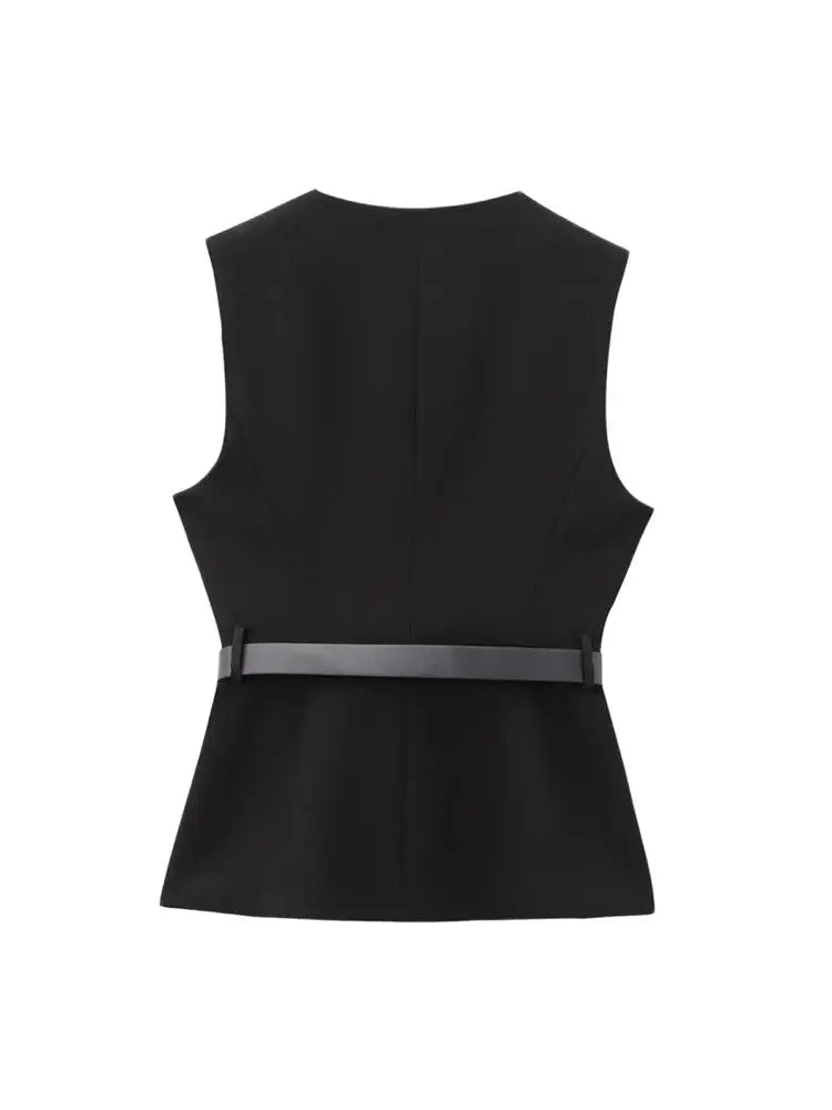 Women Long Waistcoat With Belt O Neck Vest Gold Button