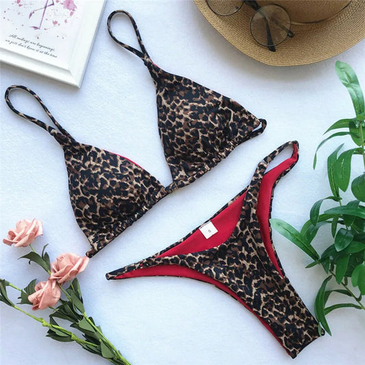 Women Leopard Print Bikini Set Bandage Padded Swimsuit