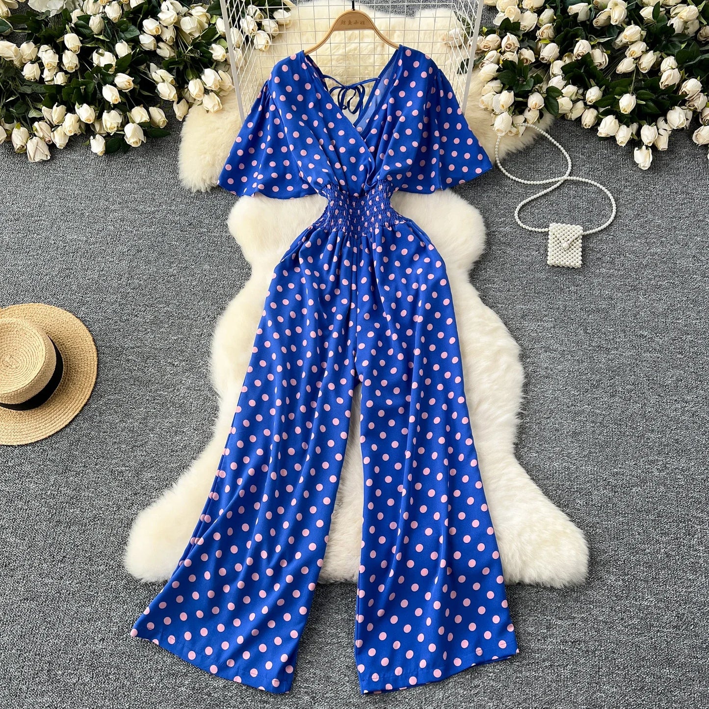 Polka Dot Women Romper V Neck High Waist Wide Leg Jumpsuit