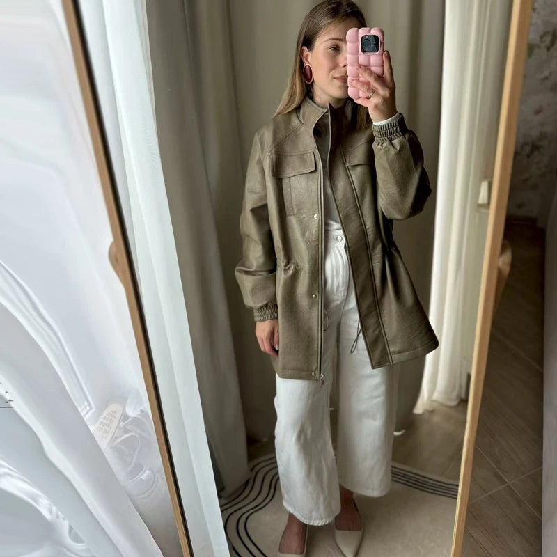 Women PU Leather Jacket With Elastic Waist Outerwear