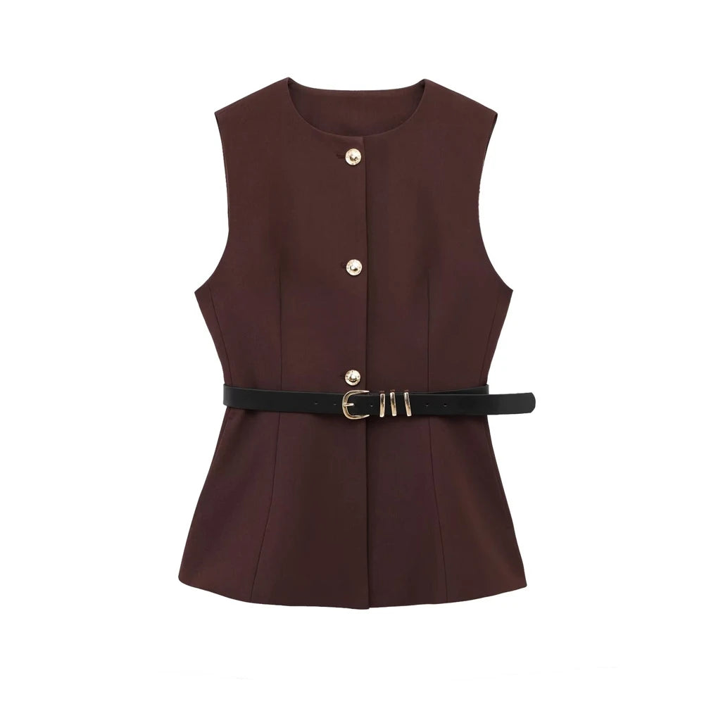 Women Long Waistcoat With Belt O Neck Vest Gold Button