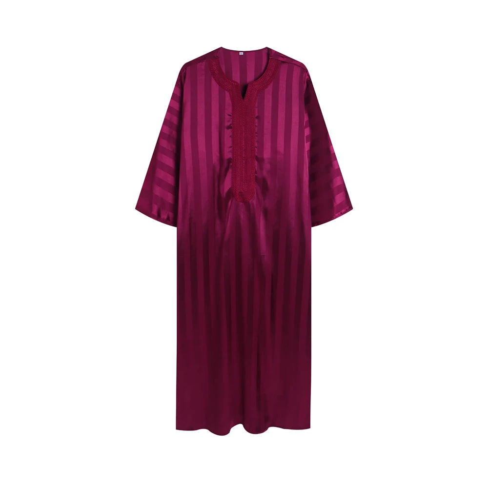 Vintage Loose Muslim Robe Short Sleeve Jubba Thobe Striped