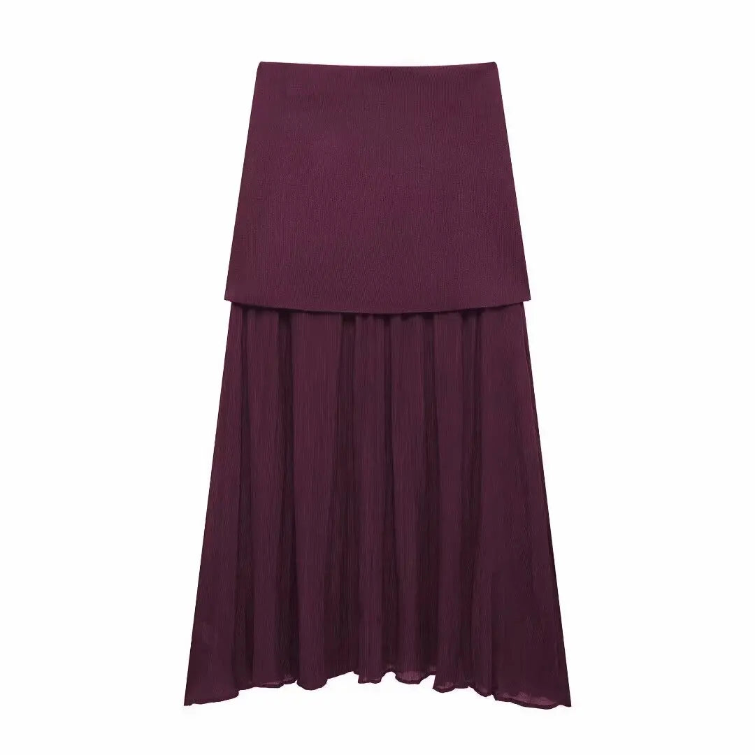 TRAFZA 2025 Women Skirt Set Wine Red Knitted V-Neck Sleeveless Slim Vest +Solid High Waist Zipper Patchwork Long Skirt Street