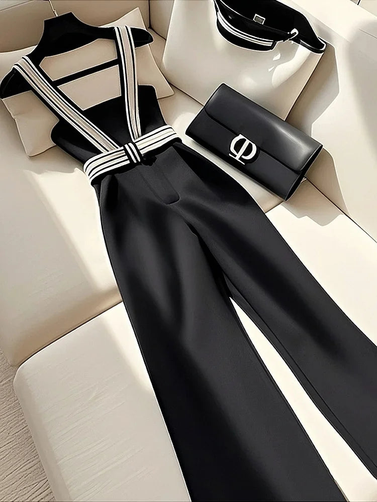 Korean Fashion Black Jumpsuit Women Strap Camisole Wide Leg
