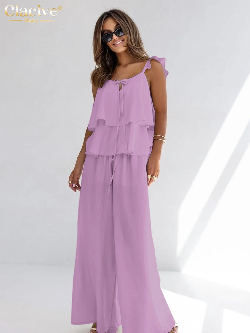 Clacive White Cotton Sleeveless Two Piece Set High Waist