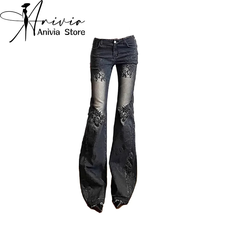 Women Gothic Y2K Flare Jeans Nineties Harajuku Baggy Denim
