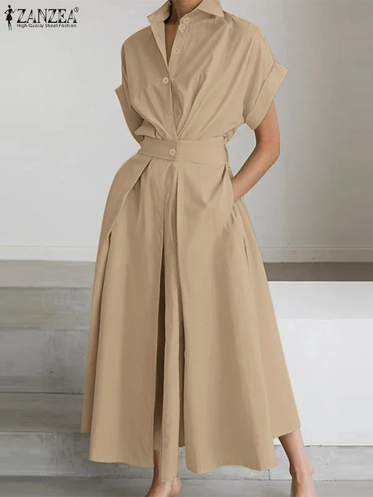 Elegant Summer Polyester Shirt Dress With High Waist Midi