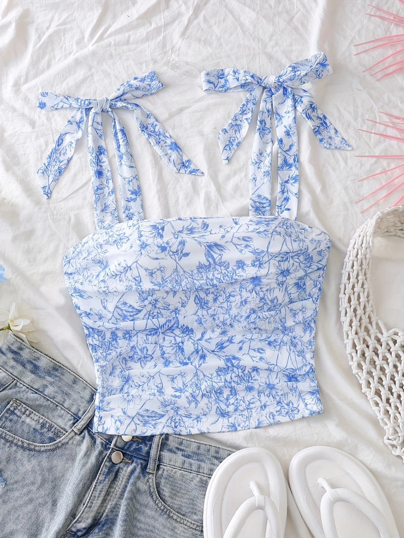 Solid Tie Shoulder Ruched Wide Strap Crop Top Pink Cami