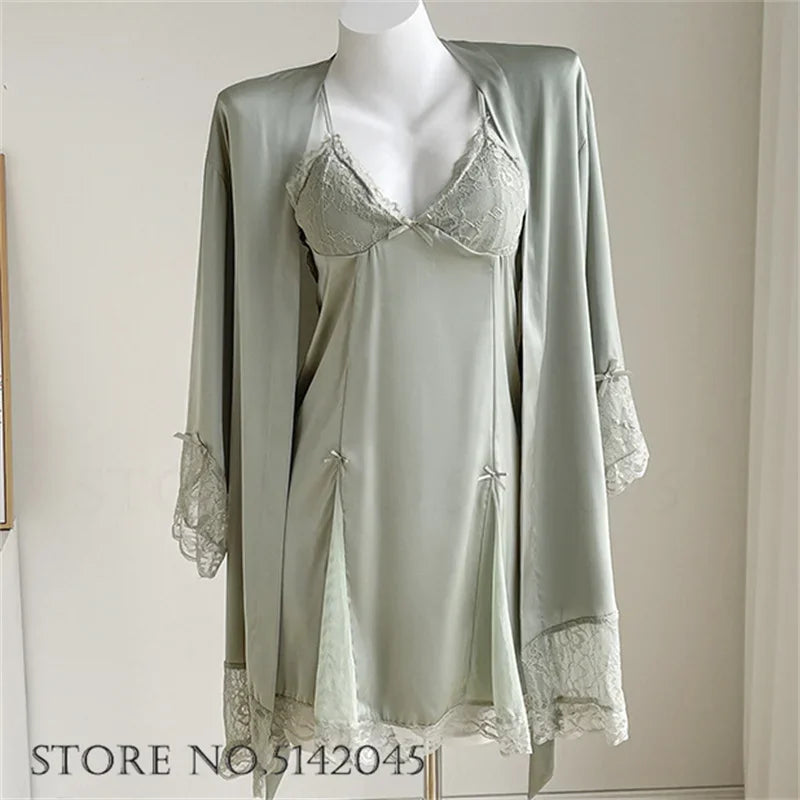 Temptation Lace Nightgown And Robe Set Satin Sleepwear