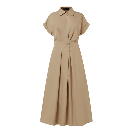 Women High Waist Midi Shirt Dress in Polyester Short Sleeve