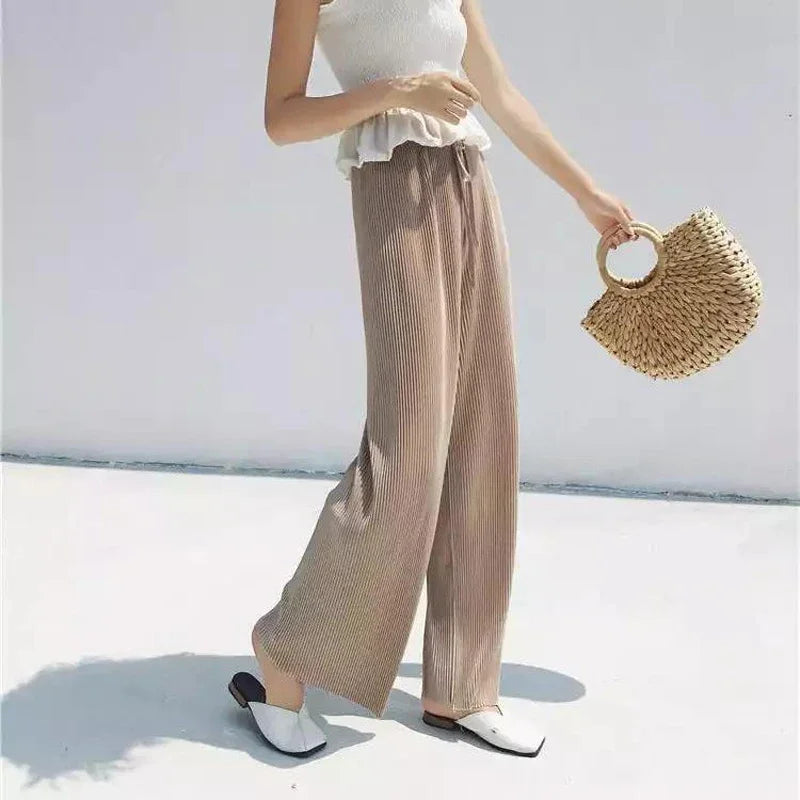Women Wide Leg Pleated Ice Silk Pants Elastic Waist