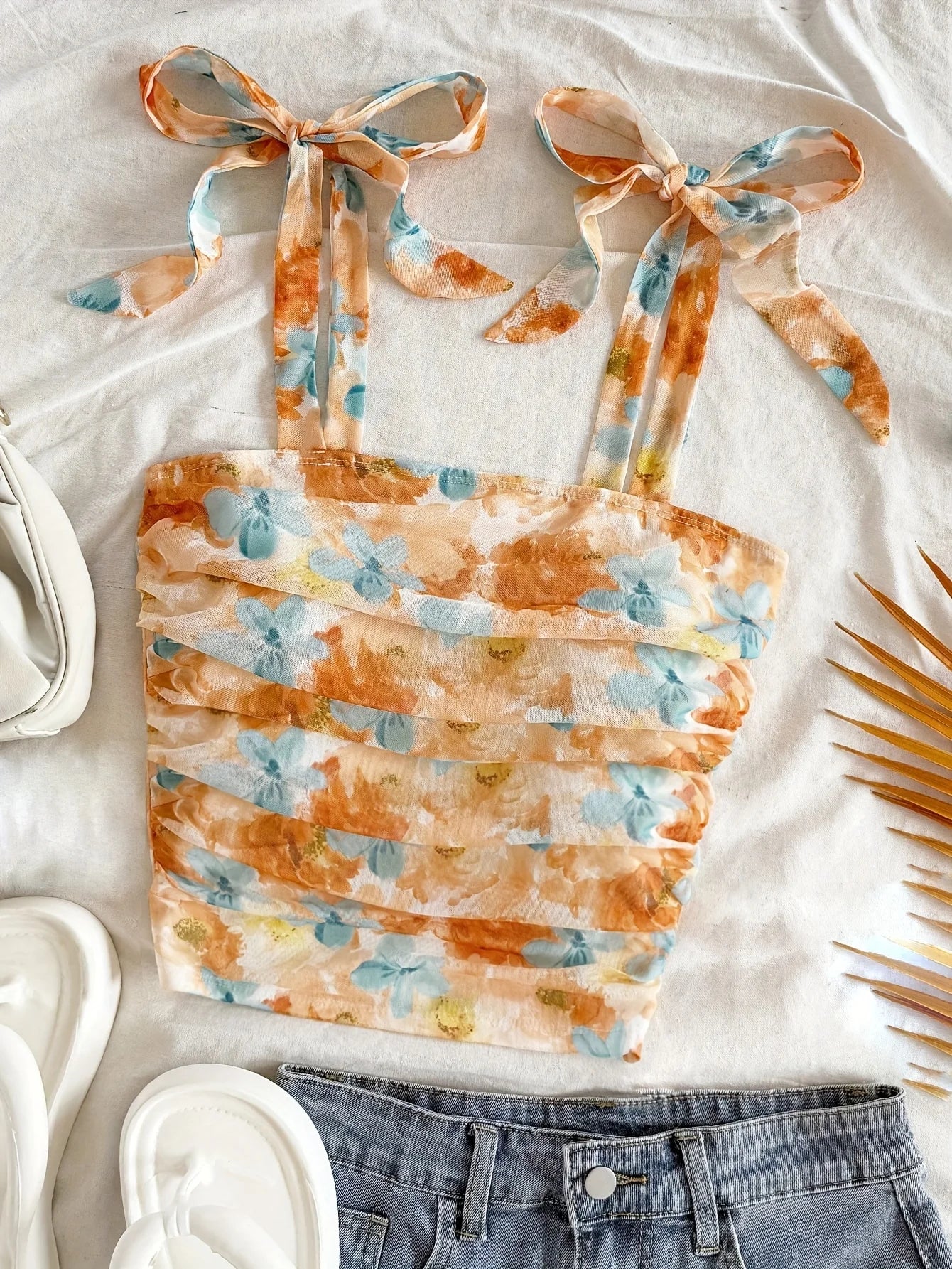 Solid Tie Shoulder Ruched Wide Strap Crop Top Pink Cami