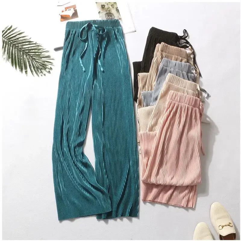 Women Wide Leg Pleated Ice Silk Pants Elastic Waist