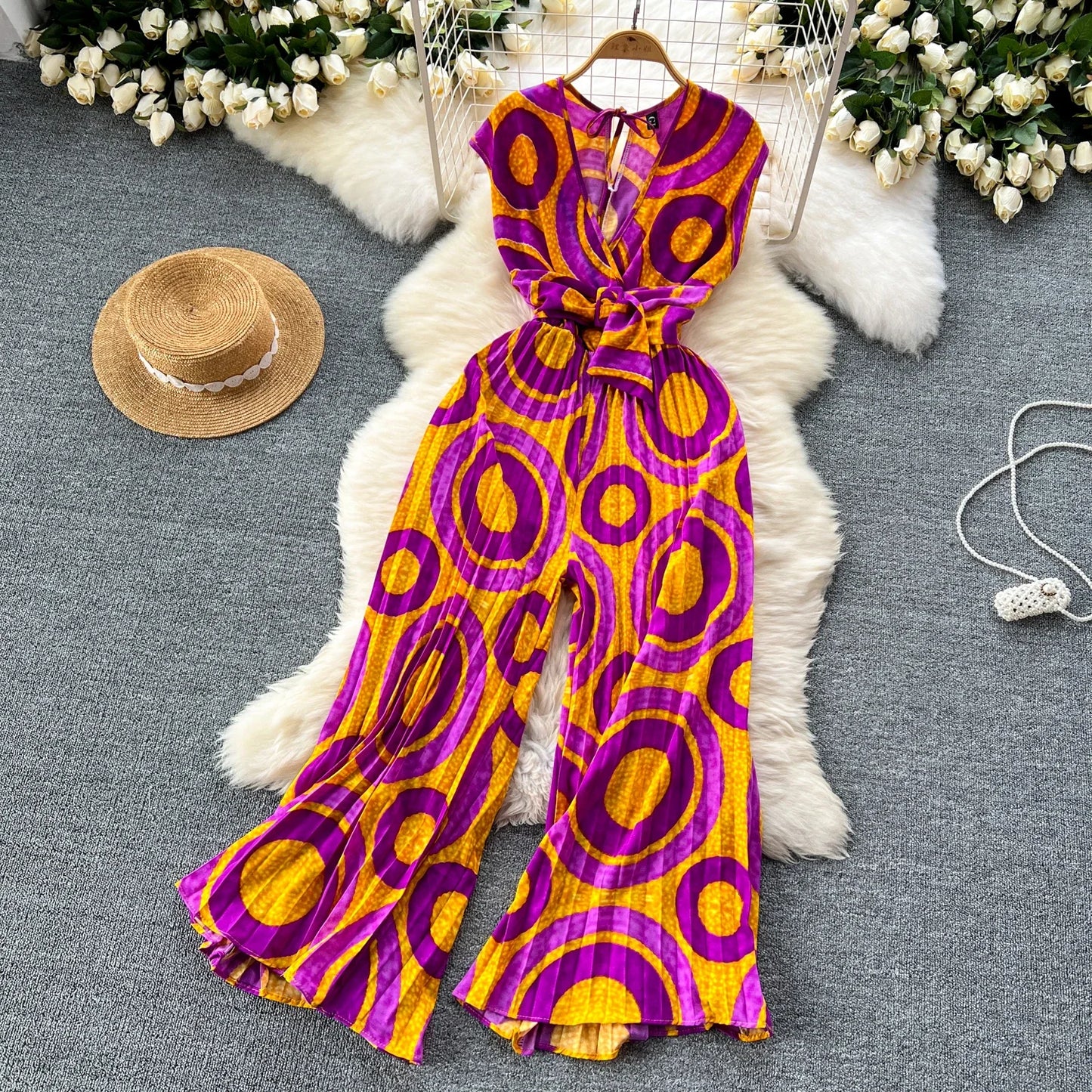 Summer Abstract Print Jumpsuit Wide Leg V Neck Women