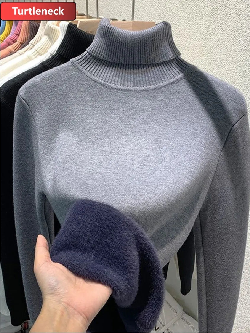 Women Turtleneck Velvet Lined Knit Sweater Thick Warm
