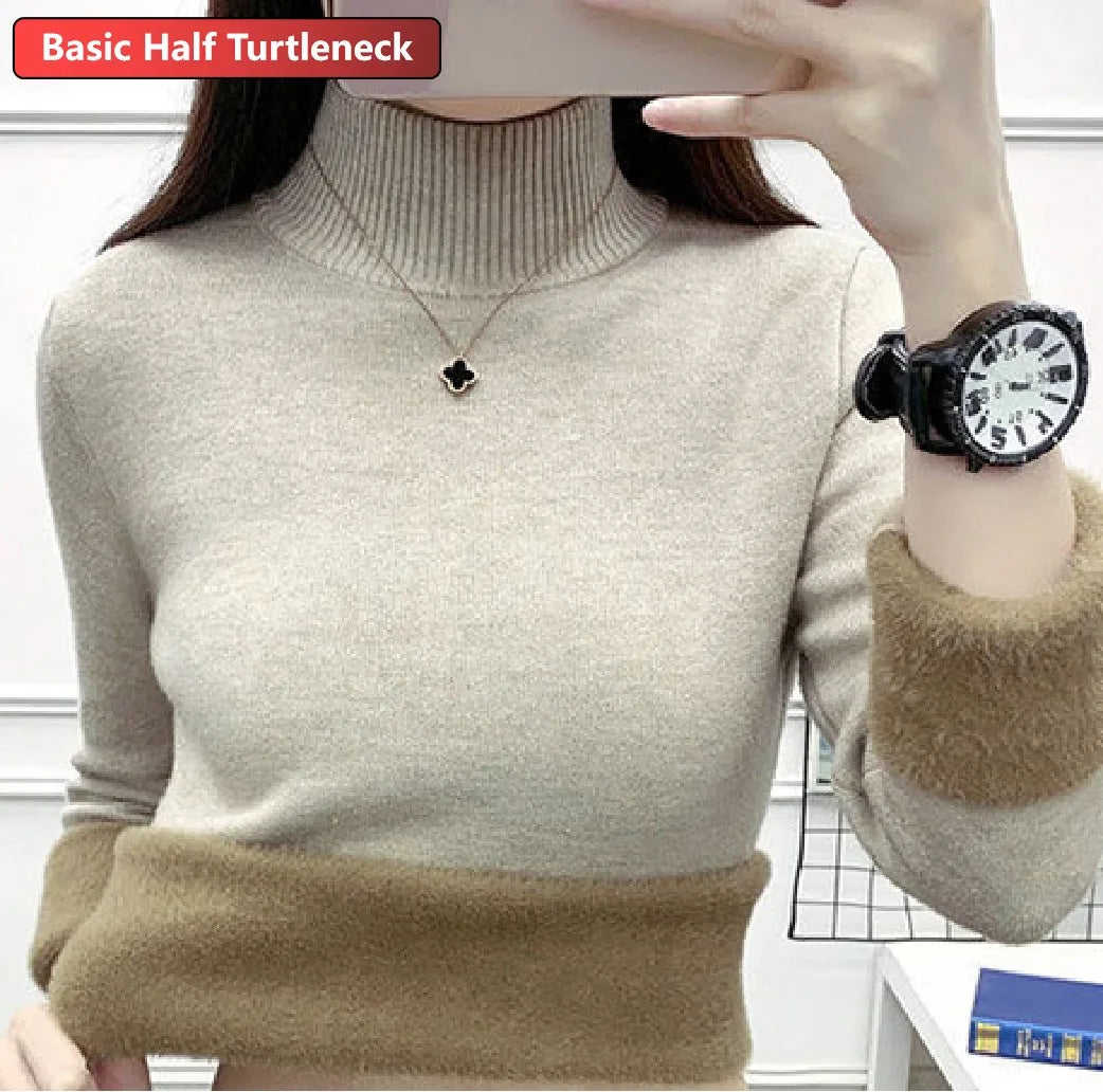 Women Turtleneck Velvet Lined Knit Sweater Thick Warm