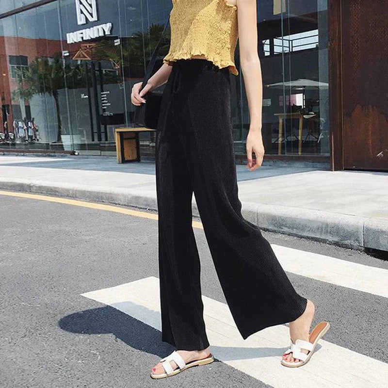 Women Wide Leg Pleated Ice Silk Pants Elastic Waist