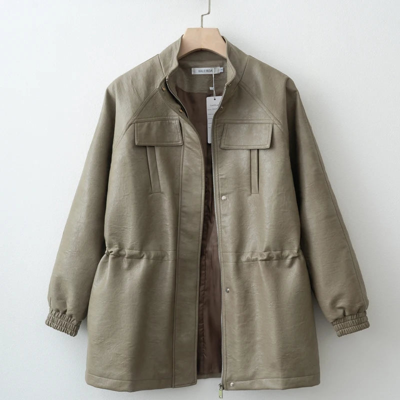 Women PU Leather Jacket With Elastic Waist Outerwear